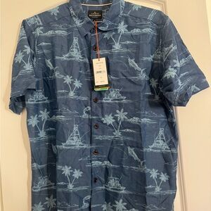 Quiksilver Waterman Navy Blue Tropical button up short sleeve Shirt size medium
